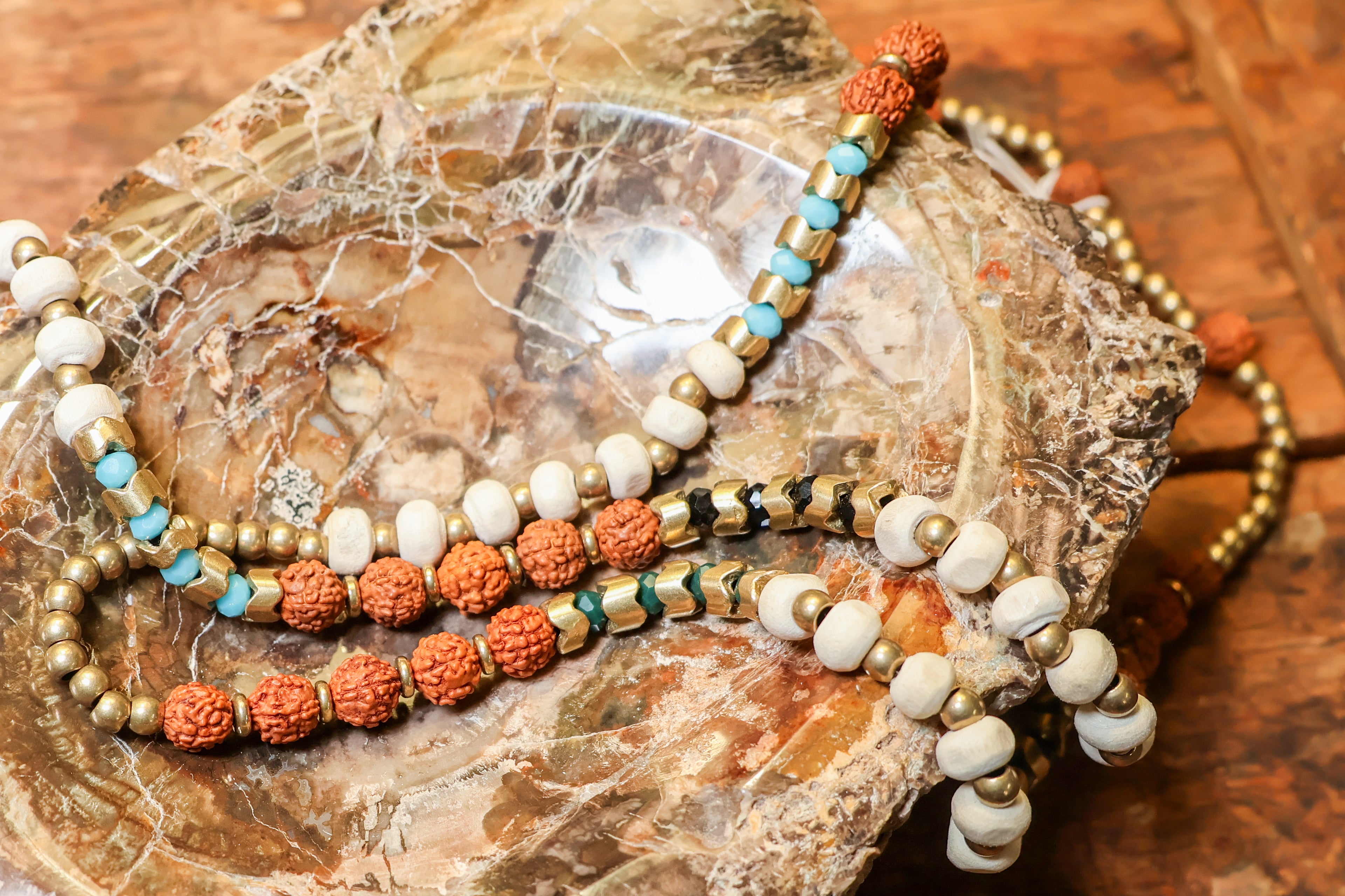 Ceramic, Gold, Turquoise, Rudraksha Necklace