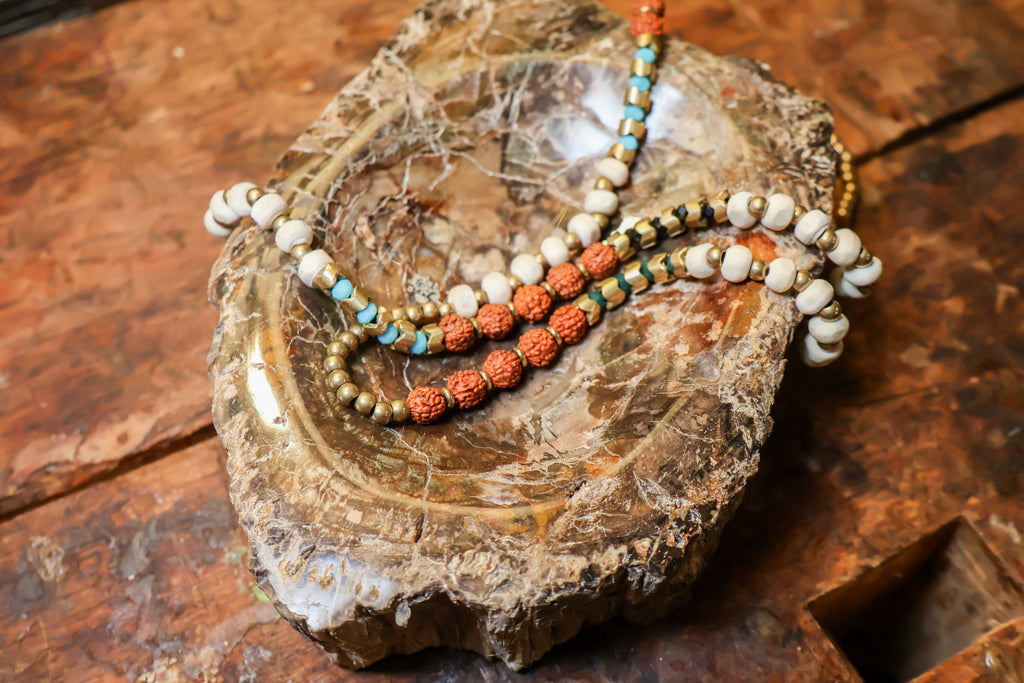 Ceramic, Gold, Turquoise, Rudraksha Necklace