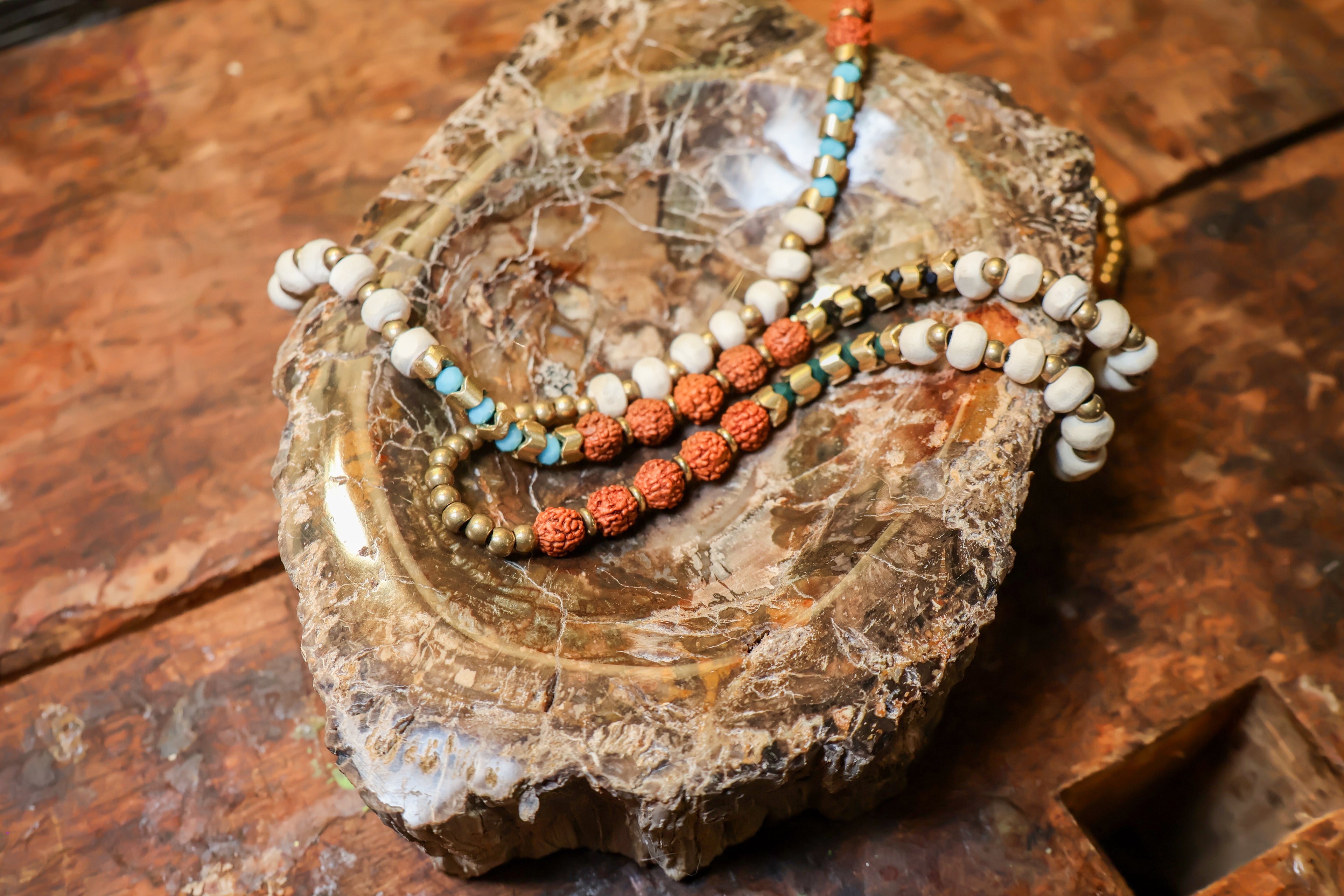 Ceramic, Gold, Turquoise, Rudraksha Necklace